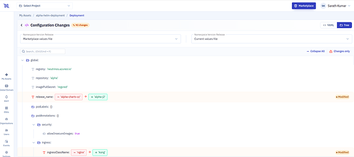 Configuration Changes — marketplace vs current values diff (tree view)