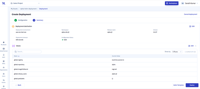 Create Deployment — Summary (Review) page