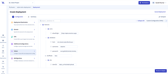 Configuration step — sections list and tree-structured values editor