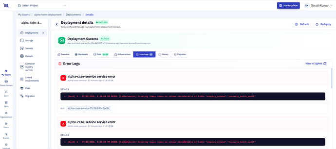 Deployment details — Error Logs tab (View in SigNoz)