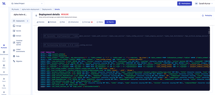 Deployment details — Migration tab (SQL execution history in Monaco editor)