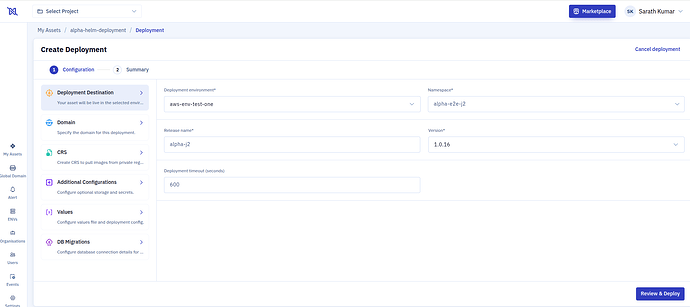 Create Deployment — Configuration step: Deployment Destination